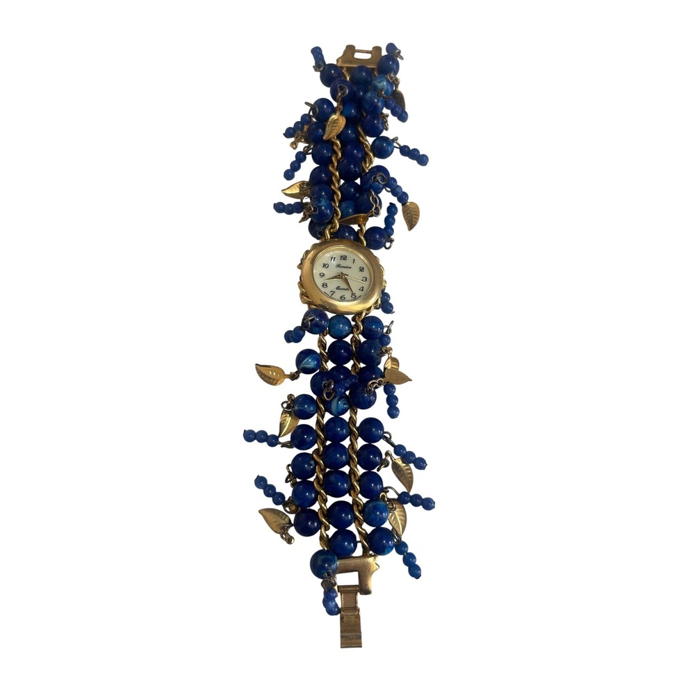 Ronica Quartz Watch‎ Blue Beaded Cluster Charm Bracelet Gold Tone Leaf Womens